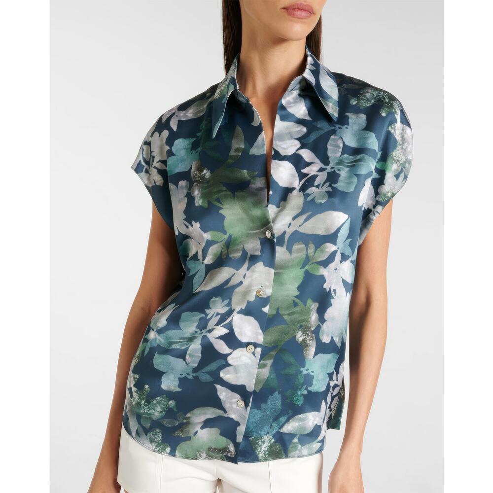 Vince Shimmer Lake Silk Ruched-Back Cap-Sleeve Blouse Deep Sea NWT Size S